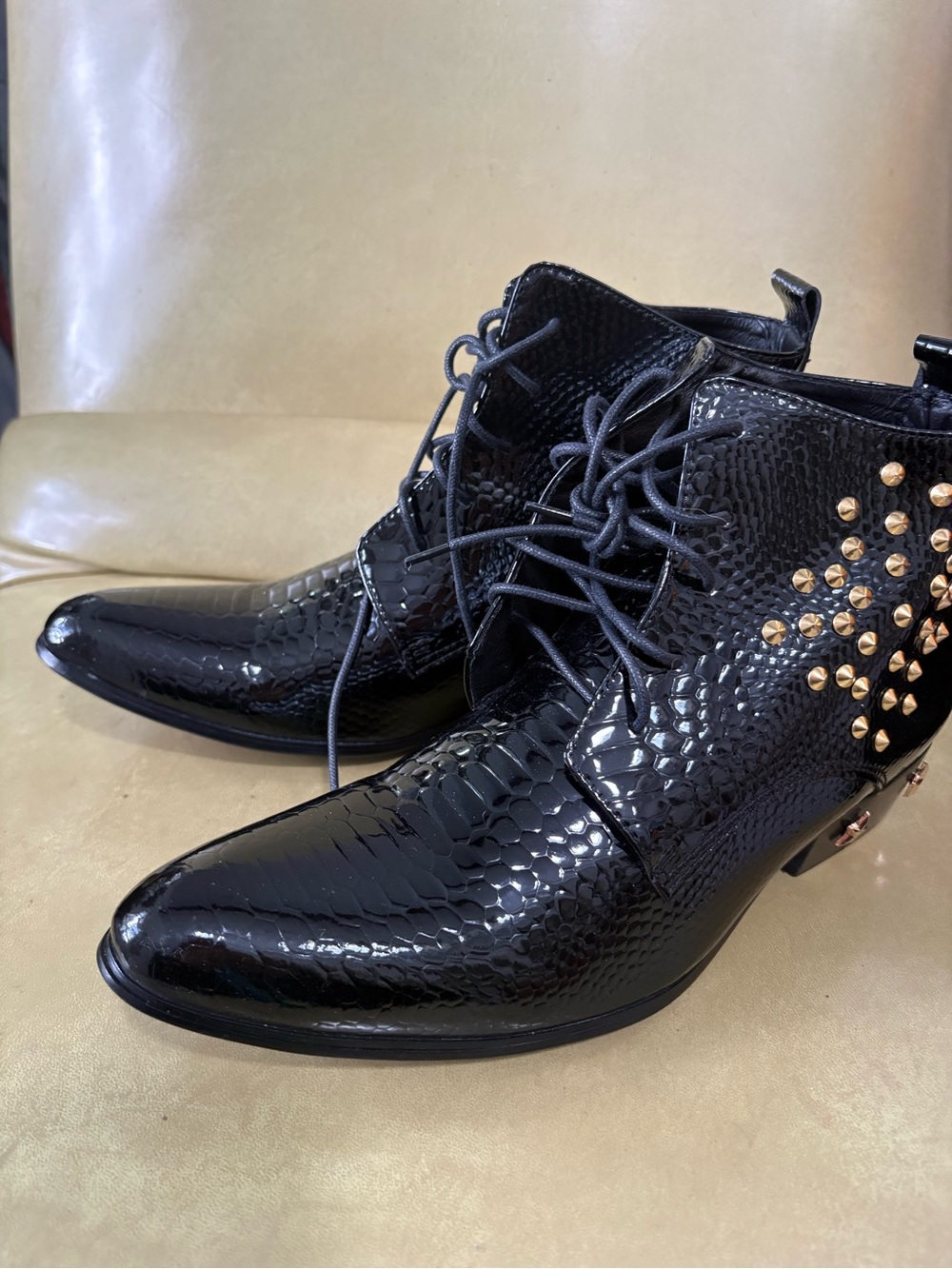 Men's Black Faux-Snake Ankle Boots with Gold Studs